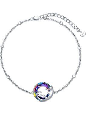 Cute Cat & Fox Link Bracelet - 925 Sterling Silver, Heart Crystal, Animal